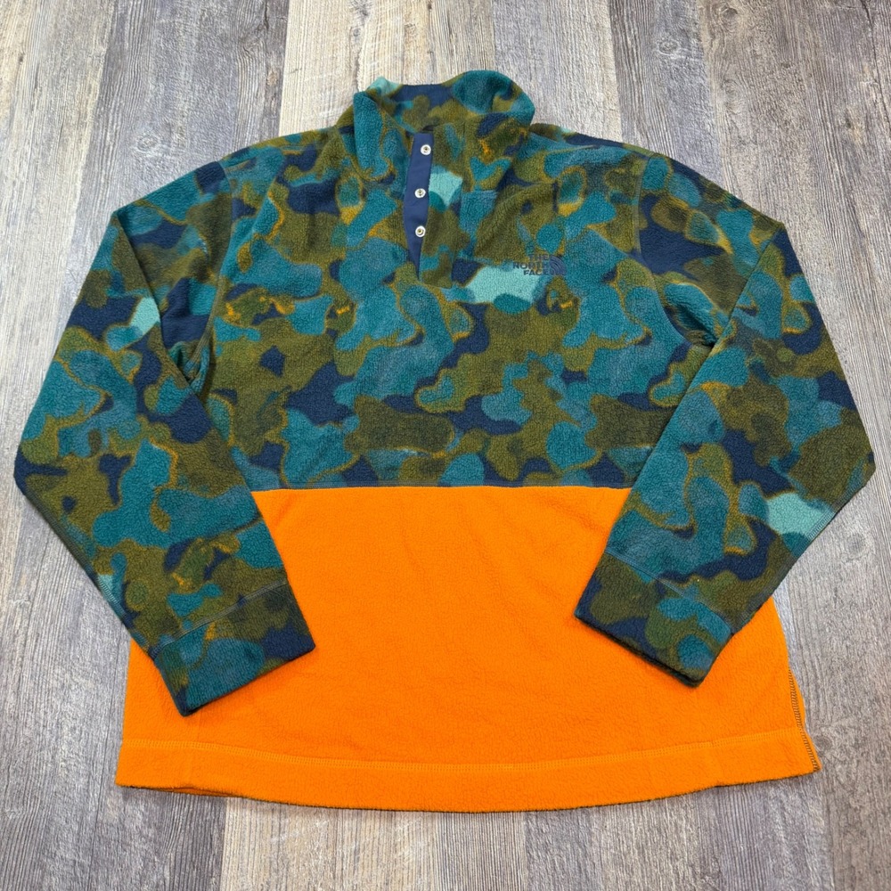 The North Face Pali Pile Fleece Pullover Jacket Mens M Orange Camo Snap-Neck